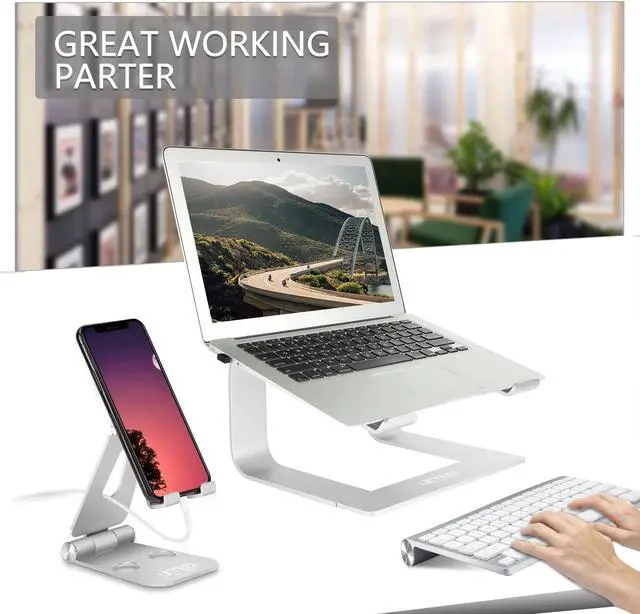Alt view image 2 of 5 - Urmust Laptop Stand for Desk Aluminum Computer Stand for Laptop Riser Holder Notebook Stand Compatible with MacBook Air Pro, Dell, HP, Lenovo Samsung, Alienware All Laptops 11-15.6"(Silver)