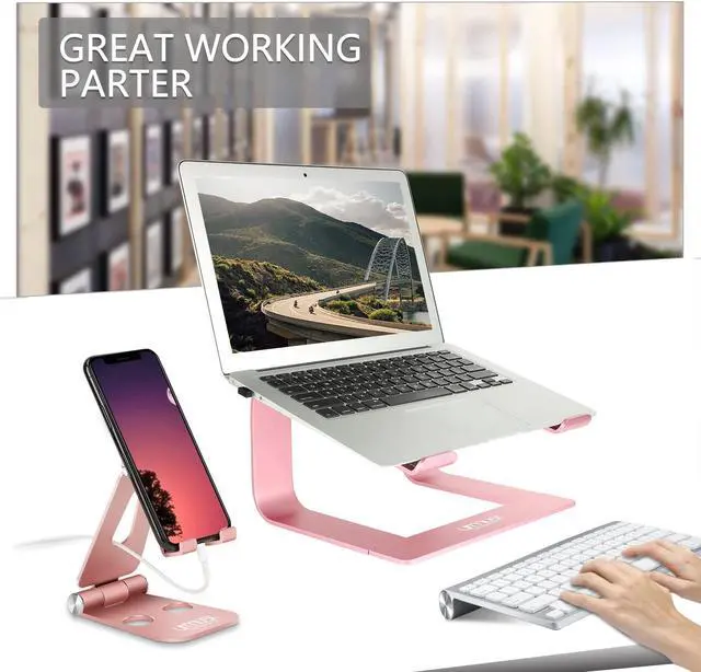 Alt view image 2 of 5 - Urmust Laptop Stand for Desk - Aluminum Computer Stand Riser Holder for MacBook Air Pro, Dell, HP, Lenovo, Samsung, Alienware Laptops 11-15.6" (Rose Gold)