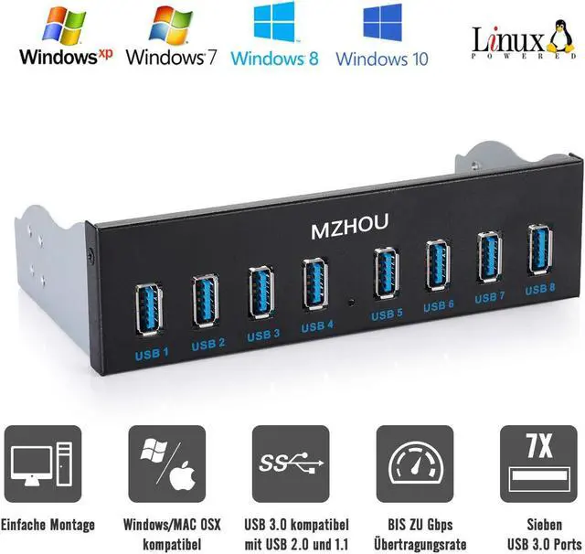 Alt view image 2 of 5 - Mzhou 8-Port USB 3.0 Front Panel Hub Expansion Card - with 19-Pin & SATA Cables, 5 Mounting Screws - Compatible with Windows XP/7/8/10 & Linux - Desktop PC Internal USB Hub for Case Expansion