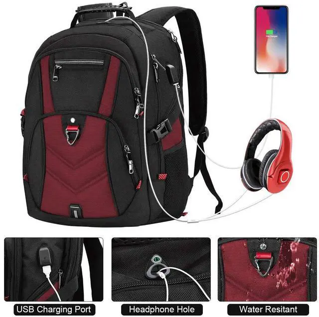 Alt view image 2 of 5 - NEWHEY Laptop Backpack 17 Inch Business Travel Backpacks for Men Women Extra Large Waterproof TSA Anti Theft College Bookbags with USB Charging Port 17.3 Gaming Computer Backpack 45L, Red