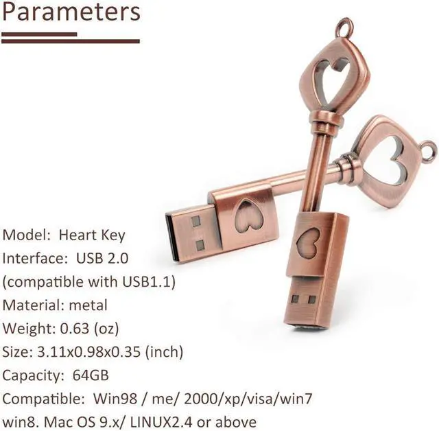 Alt view image 4 of 5 - LEIZHAN 5 Pack 64GB Love Heart Key Flash Drive Vintage Thumb Drive Metal Jump Drive Cute Memory Stick Retro USB Stick Pendrive Valentine's Day Gift U Disk