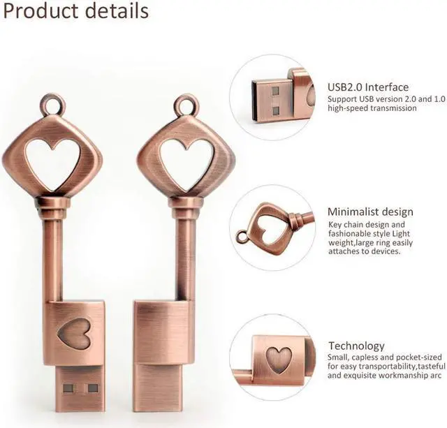 Alt view image 5 of 5 - LEIZHAN 5 Pack 64GB Love Heart Key Flash Drive Vintage Thumb Drive Metal Jump Drive Cute Memory Stick Retro USB Stick Pendrive Valentine's Day Gift U Disk