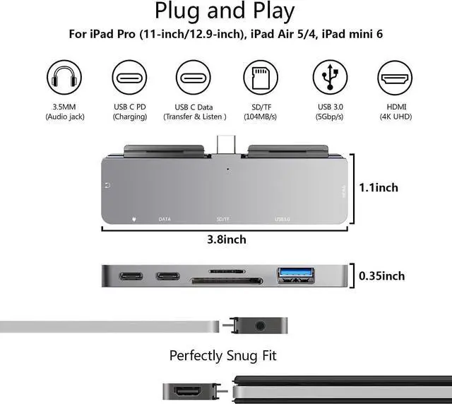 Alt view image 2 of 5 - iPad Pro USB C Hub, 7-in-1 Adapter for iPad Pro 12.9 11 inch iPad Air 5 4 Docking Station with 4K HDMI, USB-C PD, SD/TF Card Reader, USB 3.0, 3.5mm Headphone Jack, iPad Mini 6 Accessories
