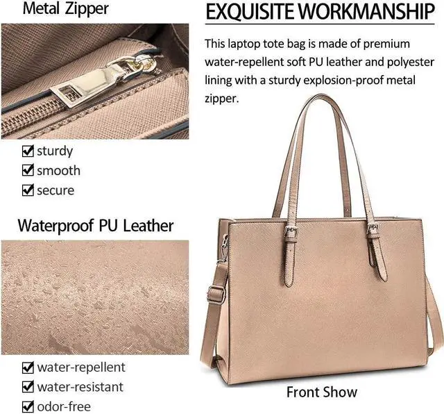 Alt view image 2 of 5 - Laptop Bag for Women Waterproof Lightweight Leather 15.6 Inch Computer Tote Bag Business Office Briefcase Large Capacity Handbag Shoulder Bag Professional Office Work Bag Khaki