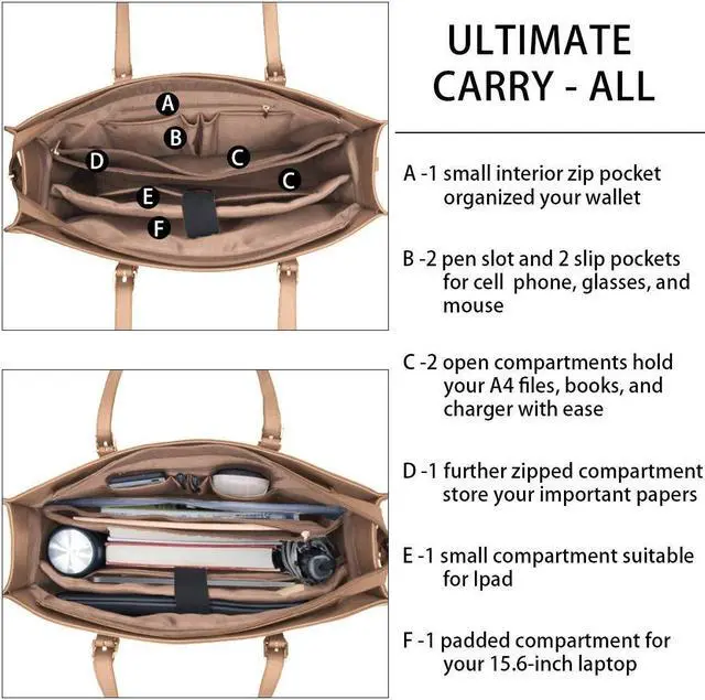 Alt view image 4 of 5 - Laptop Bag for Women Waterproof Lightweight Leather 15.6 Inch Computer Tote Bag Business Office Briefcase Large Capacity Handbag Shoulder Bag Professional Office Work Bag Khaki