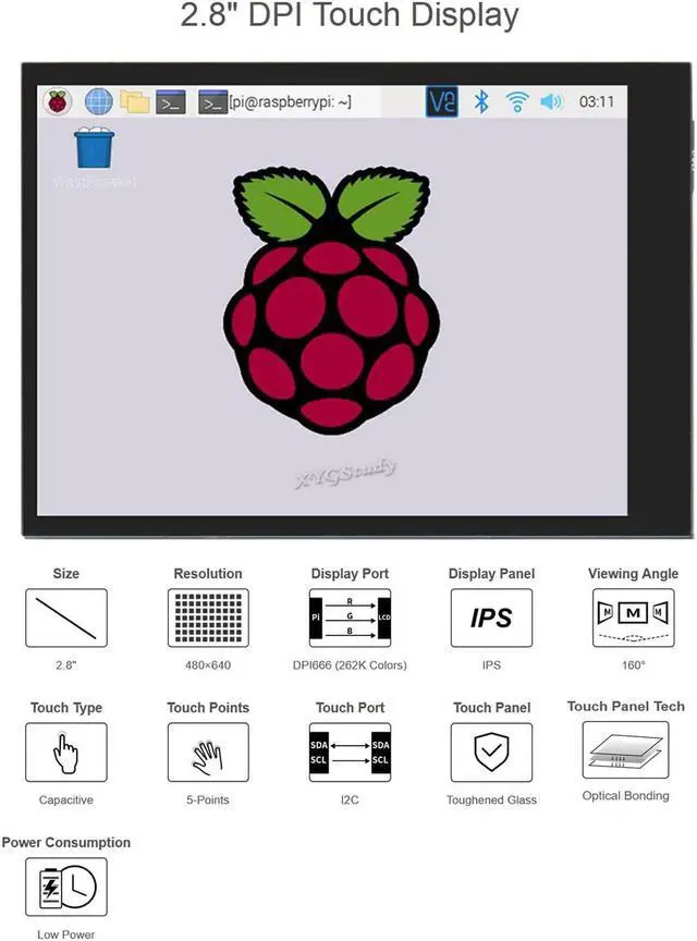 Alt view image 5 of 5 - 2.8 inch IPS 480×640 Display LCD DPI Interface Capacitive Touch Screen Fully Laminated Toughened Glass Cover Supports Raspbian Kali Raspberry Pi 4B/3B+/3B/2B/Zero/Zero W WH @XYGStudy