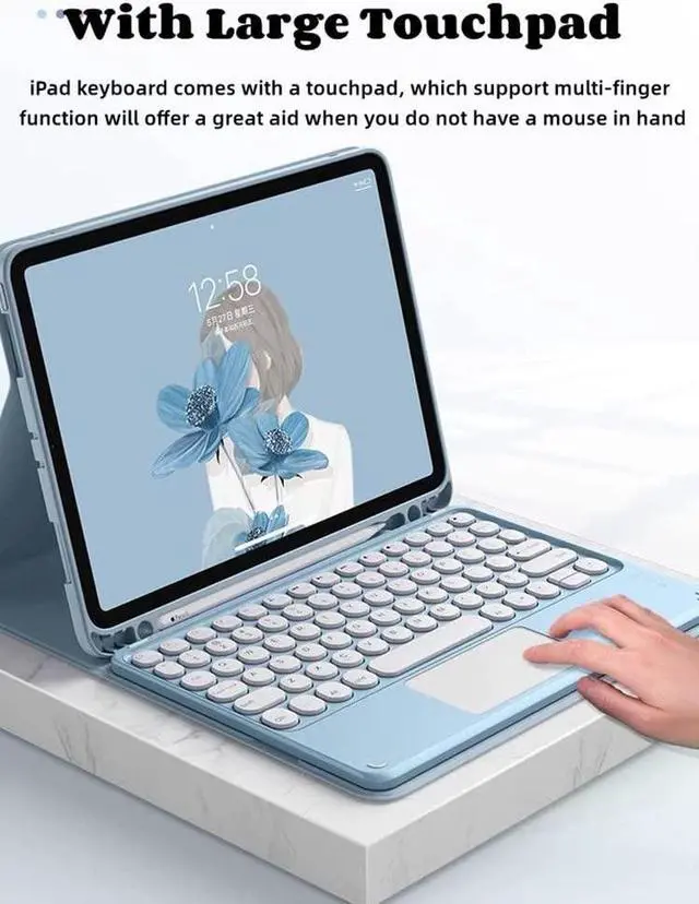 Alt view image 2 of 5 - iPad 10.2 Keyboard Case for 9/iPad 8/iPad7 (2021/2020/2019)Touchpad Detachable with Pencil Holder Slim Leather Folio Smart Cover 9/8/7 Generation (iPad9/iPad8/iPad7, Sky Blue)