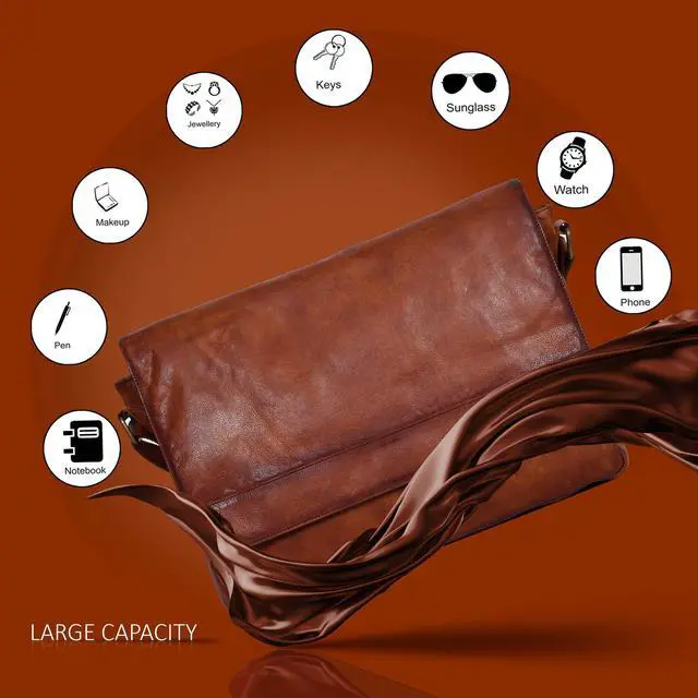 Alt view image 3 of 5 - Ozora Genuine Leather Unisex Crossbody Messenger Bag with Adjustable Strap for 17 Inch Laptop, Travel, Office