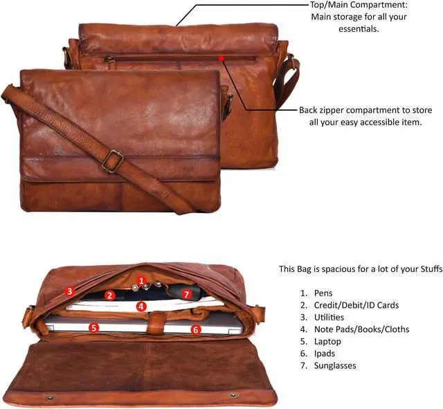 Alt view image 2 of 5 - Ozora Genuine Leather Unisex Crossbody Messenger Bag with Adjustable Strap for 17 Inch Laptop, Travel, Office