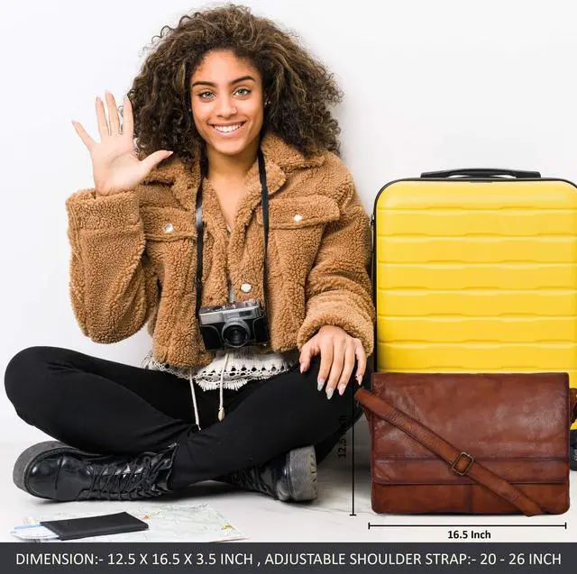 Alt view image 4 of 5 - Ozora Genuine Leather Unisex Crossbody Messenger Bag with Adjustable Strap for 17 Inch Laptop, Travel, Office