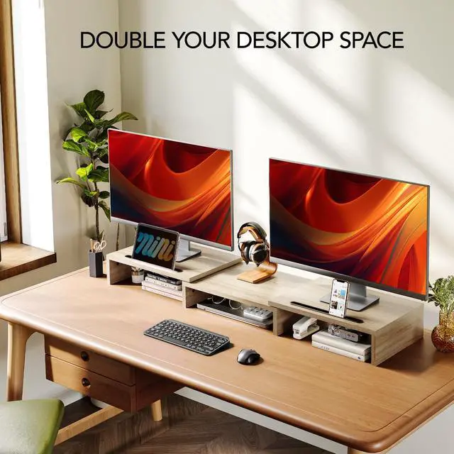 Alt view image 2 of 5 - AMERIERGO Dual Monitor Stand Riser- 3 Shelf Screen Stand with Adjustable Length and Angle, 2 Extra Functional Slot Desktop Organizer Stand for PC, Computer, Laptop (Light Wood)