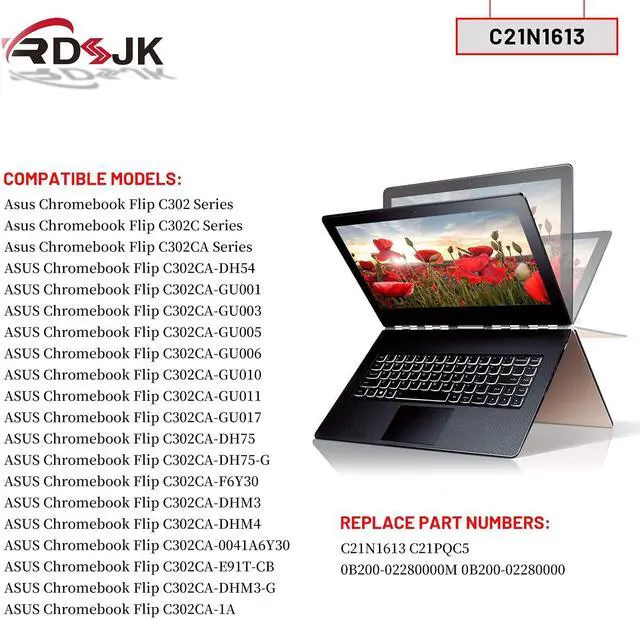 Alt view image 3 of 5 - C21N1613 Laptop Battery for Asus Chromebook Flip C302 C302C C302CA C302CA-1A C302CA-DH54 C302CA-DHM4 C302CA-DHM3 C302CA-GU001 GU003 GU005 GU006 GU010 GU011 GU017 C302SA Series 0B200-02280000 7.7V 39Wh