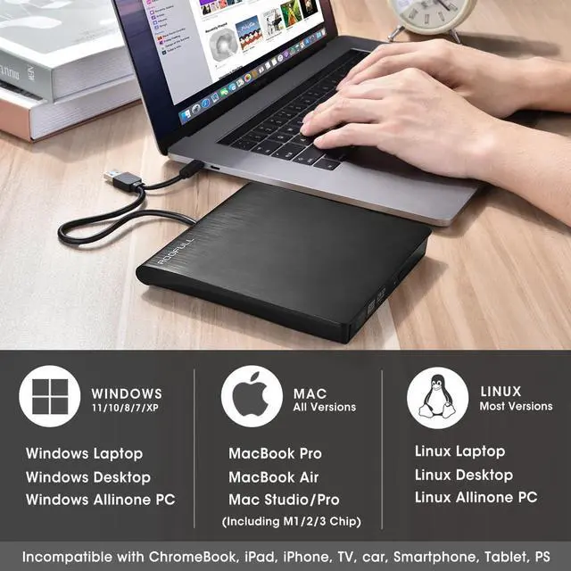Alt view image 3 of 5 - ROOFULL External CD DVD Drive USB 3.0 & USB-C with Carrying Case, Portable USB ROM +/-RW Optical Disk Drive Player Burner for Laptop Mac Computer MacBook Pro/Air, Windows 11/10/8/7 Desktop PC