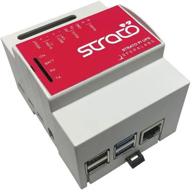 Main image of Sfera Labs Strato Pi UPS Pi4B 2GB - DIN-Rail Case, UPS, RS-232/RS-485, Real Time Clock, Hardware Watchdog, Buzzer, Secure Element Chip, CE/FCC/IC/RoHS Compliant
