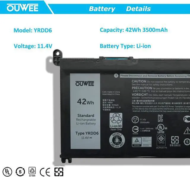 Alt view image 2 of 5 - 42W YRDD6 1VX1H Battery for Dell Inspiron 5482 5485 7586 3583 5491 5591 5481 3310 2-in-1 5593 5584 3493 3593 3793 5480 3582 5581 5590 3584 5493 5585 5594 5598 3501 P93G001 VM732 Vostro 3491 5490