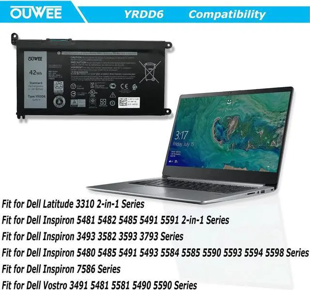 Alt view image 4 of 5 - 42W YRDD6 1VX1H Battery for Dell Inspiron 5482 5485 7586 3583 5491 5591 5481 3310 2-in-1 5593 5584 3493 3593 3793 5480 3582 5581 5590 3584 5493 5585 5594 5598 3501 P93G001 VM732 Vostro 3491 5490
