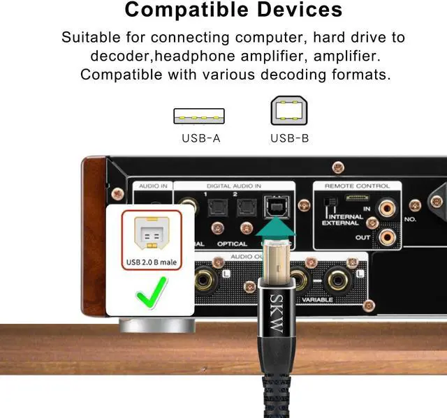 Alt view image 5 of 5 - SKW Audiophiles USB 2.0 DAC Audio Cable USB Type A to USB Type B Printer Cable for Computer to DAC, Sound Card, or Headphone Amplifier 9.8ft(3m)
