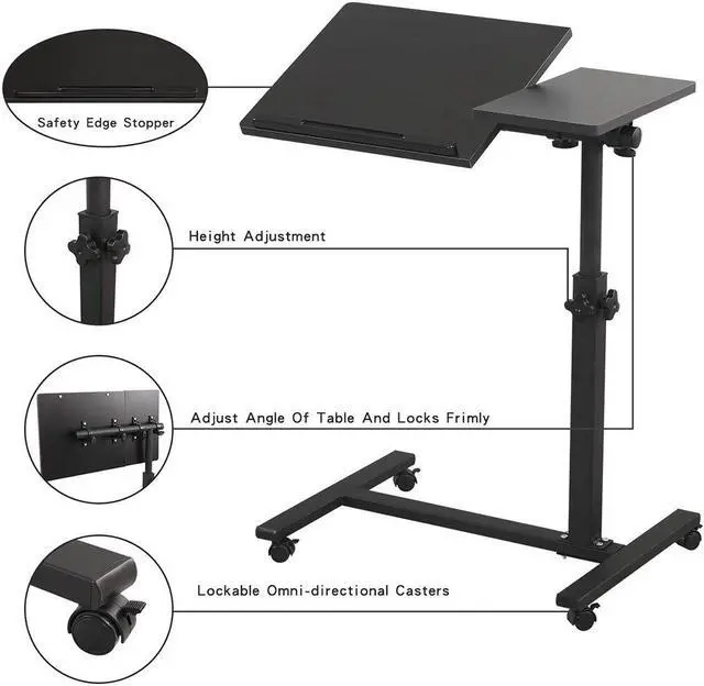 Alt view image 2 of 5 - TigerDad Overbed Bedside Desk Mobile Rolling Laptop Stand Tilting Overbed Table with Wheels Height Adjustable Tray Table for Laptop Bed Sofa Side Table (Black)