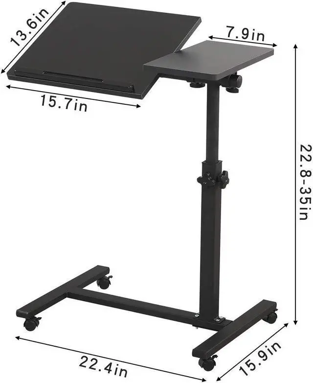 Alt view image 3 of 5 - TigerDad Overbed Bedside Desk Mobile Rolling Laptop Stand Tilting Overbed Table with Wheels Height Adjustable Tray Table for Laptop Bed Sofa Side Table (Black)