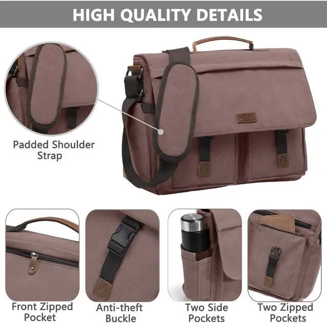 Alt view image 5 of 5 - VASCHY Messenger Bag for Men, Water Resistant Canvas 14inch Laptop Shoulder Commuter Bag for Men and Women Coffee
