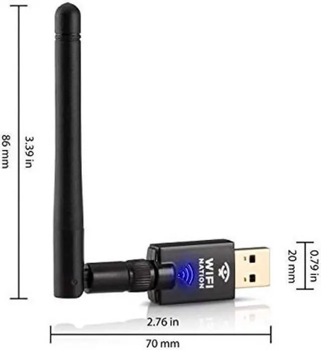 Alt view image 2 of 5 - WiFi Nation(r) 802.11ac AC600 Fast USB WiFi Adapter, Wireless dongle with 2dBi dipole SMA Antenna, chipset: Realtek RTL8811AU, Dual Band 2.4GHz or 5GHz, Windows, MacOS and Linux Supported