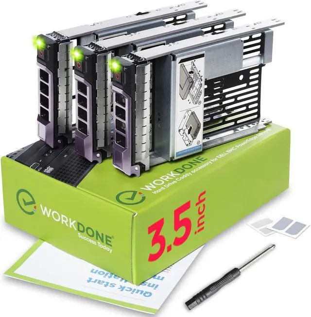 Main image of WORKDONE 3-Pack - 3.5 inch Hard Drive Caddy with 2.5 inch HDD Adapter - Compatible for Dell PowerEdge Selected 13th-11th Gen. Servers - Setup Manual - Sled Front Sticker Labels - Screwdriver