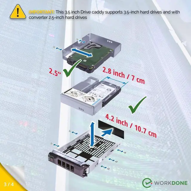 Alt view image 4 of 5 - WORKDONE 3-Pack - 3.5 inch Hard Drive Caddy with 2.5 inch HDD Adapter - Compatible for Dell PowerEdge Selected 13th-11th Gen. Servers - Setup Manual - Sled Front Sticker Labels - Screwdriver
