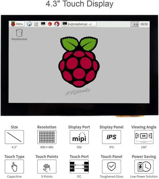 Alt view image 3 of 5 - XYGStudy 4.3inch for Raspberry Pi IPS LCD Capacitive Touch Display Screen 800×480 4.3inch IPS Wide Angle MIPI DSI Interface for Raspberry Pi 4 3 2 Model B B+ A+ Raspbian Retropie Ubuntu Driver Free