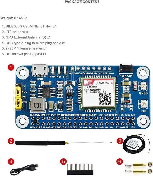 Alt view image 2 of 5 - for Raspberry Pi NB-IoT Cat-M (eMTC) GNSS HAT Based on SIM7080G with LTE GPS External Antenna for Pi 4 3 2 Model B B+ Zero W WH USB Interface UART Supports GLONASS BeiDou Galileo @XYGStudy