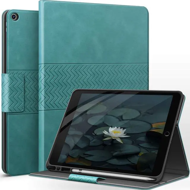 Main image of auaua Case for iPad 9th/8th/7th Generation 10.2 inch (2021/2020/2019 Released), with Pencil Holder, Vegan Leather, Auto Sleep/Wake (Green)