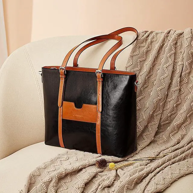 Alt view image 5 of 5 - BOSTANTEN Women Leather Laptop Tote Office Shoulder Handbag Vintage Briefcase 15.6 inch Computer Work Purse Black