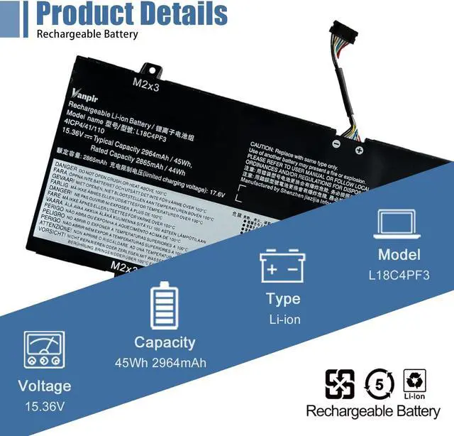 Alt view image 2 of 5 - VANPIR L18C4PF3 Laptop Battery 15.36V 45Wh 2865mAh Compatible with Lenovo ideapad C340-14API C340-14IML C340-14IWL S540-14API S540-14IML S540-14IWL Flex-14IML Series L18M4PF3 L18M4PF4 L18C4PF4