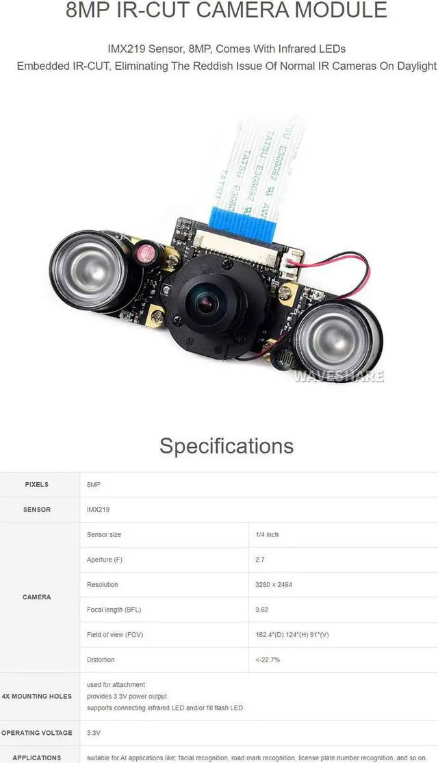 Alt view image 5 of 5 - Coolwell IMX219-160 8MP IR-Cut Camera for Jetson Nano/Compute Module, 8MP, IR-Cut Infrared Night Vision, 162° FOV