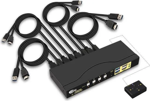 Main image of CKLau 4 Port KVM HDMI Switch with Digital Audio Output, All Input Cables and 2 USB 3.0 Hub, 4x1 HDMI KVM Switch USB 3.0 Supports Hotkey Switching, 4K@60Hz, 2K@144Hz, EDID