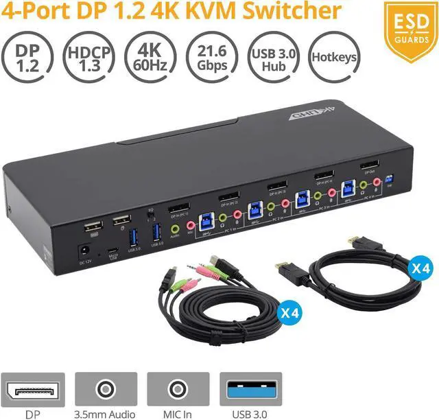 Alt view image 2 of 5 - gofanco Prophecy 4-Port DisplayPort 1.2 USB KVM Switch  4K @60Hz 4:4:4, 21.6Gbps, HDCP 1.3, USB Keyboard/Mouse, USB 3.0 Hub, MIC in, Stereo Out, Hotkeys, TAA Compliant (PRO-KVMDP-4Pv2)