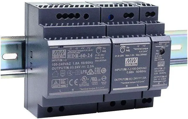 Main image of Original Mean Well HDR-15 30 60 100 150 Series DC 5V 12V 15V 24V 48V meanwell Ultra Slim Step Shape DIN Rail Power Supply (Output Voltage : 24V, Power : HDR 60)