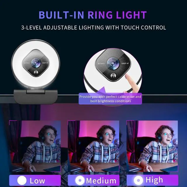 Alt view image 2 of 5 - 1080P Webcam with Ring Light and Dual Microphone, Advanced Auto-Focus, Adjustable Brightness, 2021 JETAKU Streaming Web Camera for Zoom Skype YouTube, PC Mac Laptop Desktop (Black)