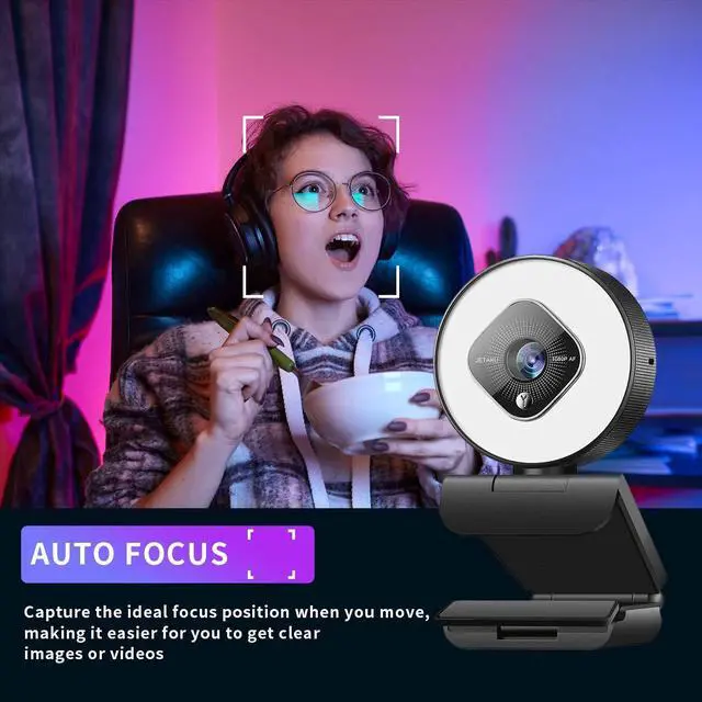 Alt view image 3 of 5 - 1080P Webcam with Ring Light and Dual Microphone, Advanced Auto-Focus, Adjustable Brightness, 2021 JETAKU Streaming Web Camera for Zoom Skype YouTube, PC Mac Laptop Desktop (Black)