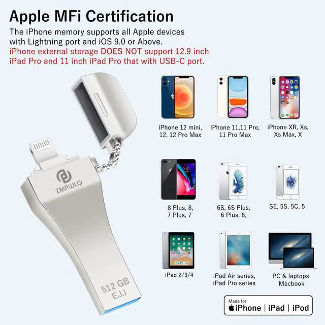 Alt view image 4 of 5 - PL ZMPWLQ Photo-Stick for iPhone/iPad 512GB with Apple MFi Certified External Storage Thumb-Drive for Backup-Flash-Drive, USB Memory Stick for Laptop/PC 1PC