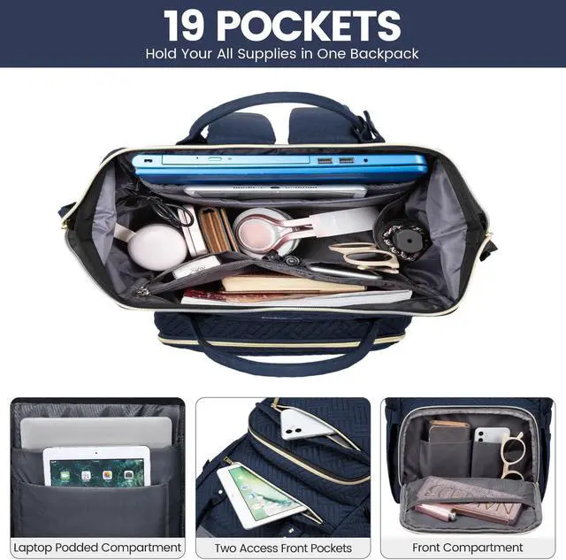 Alt view image 2 of 5 - LOVEVOOK Laptop Backpack for Women,15.6 Inch Professional Womens Travel Backpack Purse Computer Laptop Bag Nurse Teacher Backpack,Waterproof Work Bags Carry on Back Pack with USB Port,Dark Blue Plait