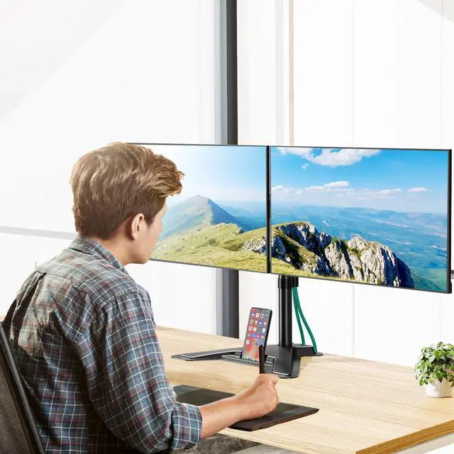 Alt view image 2 of 5 - MOUNT PRO Dual Monitor Stand - Free Standing Full Motion Monitor Desk Mount Fits 2 Screens up to 27 inches,17.6lbs with Height Adjustable, Swivel, Tilt, Rotation, VESA 75x75 100x100, Black