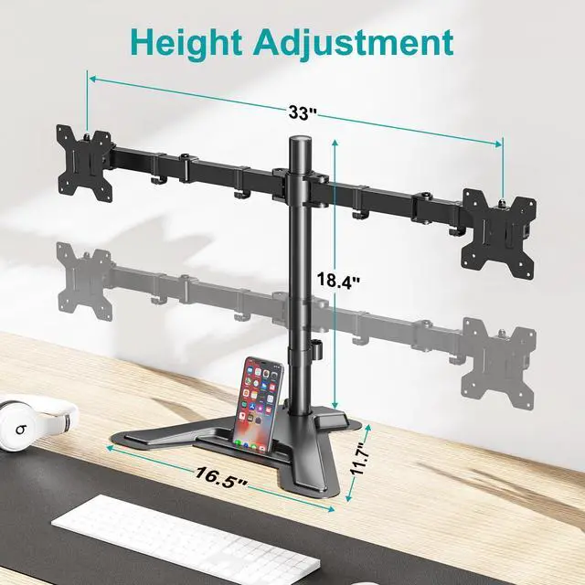 Alt view image 3 of 5 - MOUNT PRO Dual Monitor Stand - Free Standing Full Motion Monitor Desk Mount Fits 2 Screens up to 27 inches,17.6lbs with Height Adjustable, Swivel, Tilt, Rotation, VESA 75x75 100x100, Black