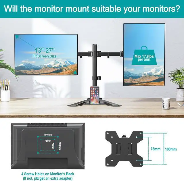 Alt view image 4 of 5 - MOUNT PRO Dual Monitor Stand - Free Standing Full Motion Monitor Desk Mount Fits 2 Screens up to 27 inches,17.6lbs with Height Adjustable, Swivel, Tilt, Rotation, VESA 75x75 100x100, Black