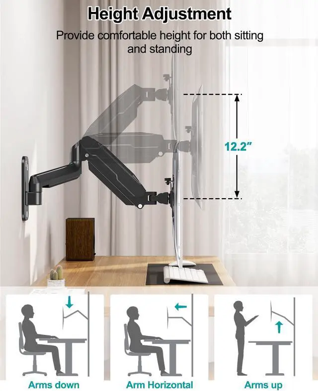 Alt view image 4 of 5 - MOUNT PRO Single Monitor Wall Mount for 13 to 32 Inch Computer Screens, Gas Spring Monitor Arm Holds Up to 17.6lbs, Full Motion Adjustable Wall Bracket, VESA Mount 75x75, 100x100, Black