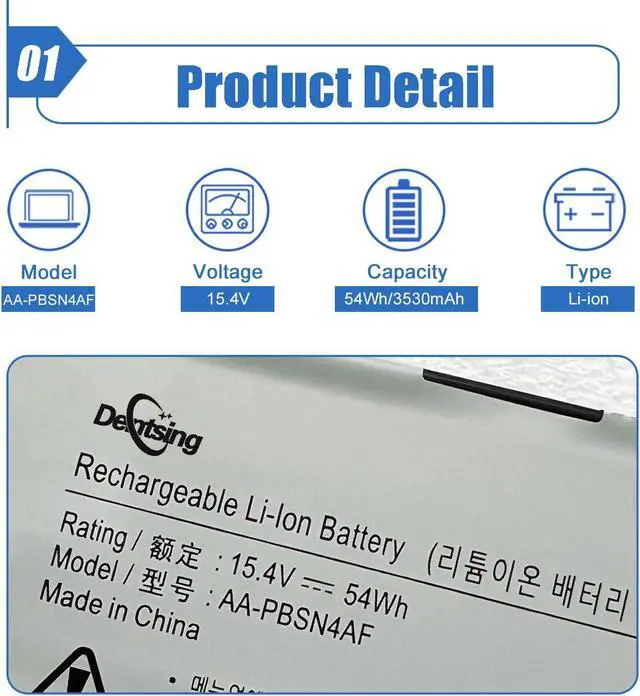 Alt view image 2 of 5 - Dentsing AA-PBSN4AF Battery Compatible with Samsung NP930SBE NP930SBE-K01CN NT930SBE NT930SBE-K38 Series Notebook 15.4V 54Wh 3530mAh 4Cells