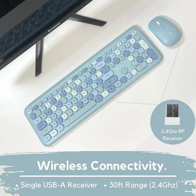 Alt view image 4 of 5 - X9 Cute Keyboard and Mouse Combo - Transform Your Space with a Colorful Blue Wireless Keyboard and Mouse Retro Set (110 Keys and 18 Shortcuts) - Aesthetic Keyboard for PC Computer, Laptop