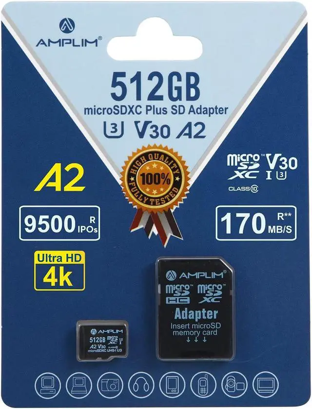 Main image of Amplim 512GB Micro SD Card | MicroSD Memory Plus Adapter | Extreme High Speed 170MB/S A2 MicroSDXC U3 Class 10 V30 UHS-I for Nintendo, GoPro Hero, Surface, Phone, Camera Cam, Tablet