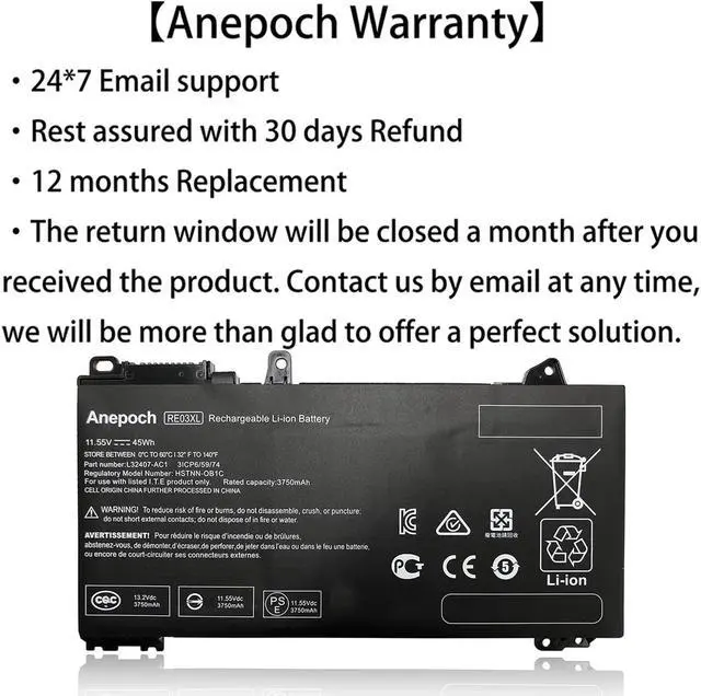 Alt view image 3 of 5 - Anepoch RE03XL Laptop Battery Compatible with HP ProBook 430 440 445 450 455R G6 G7 Serie Notebook HSTNN-OB1C HSTNN-UB7R HSTNN-DB9A L32407-AC1 L32407-2B1 L32407-541 L32656-005 11.55V 45Wh 3750mAh