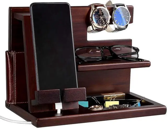 Main image of Wood Phone Docking Station For Men - Wooden Nightstand Organizer - Personalized Idea For Him, Husband, Boyfriend, Dad, Son, Boss, Colleague - Perfect For Anniversary, Birthday, Christmas, Fathers Day