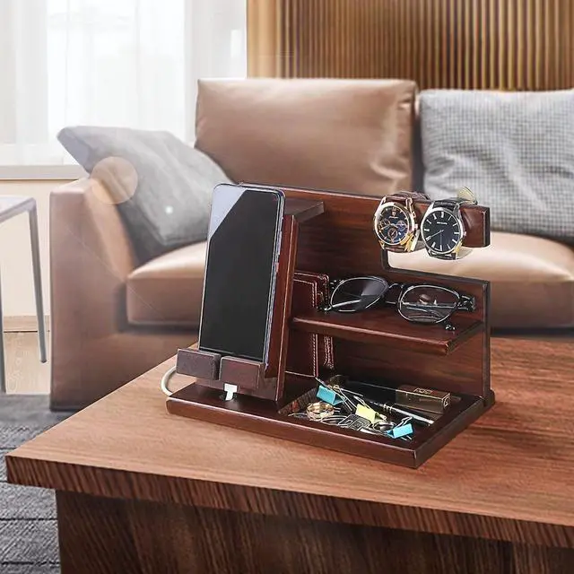 Alt view image 5 of 5 - Wood Phone Docking Station For Men - Wooden Nightstand Organizer - Personalized Idea For Him, Husband, Boyfriend, Dad, Son, Boss, Colleague - Perfect For Anniversary, Birthday, Christmas, Fathers Day